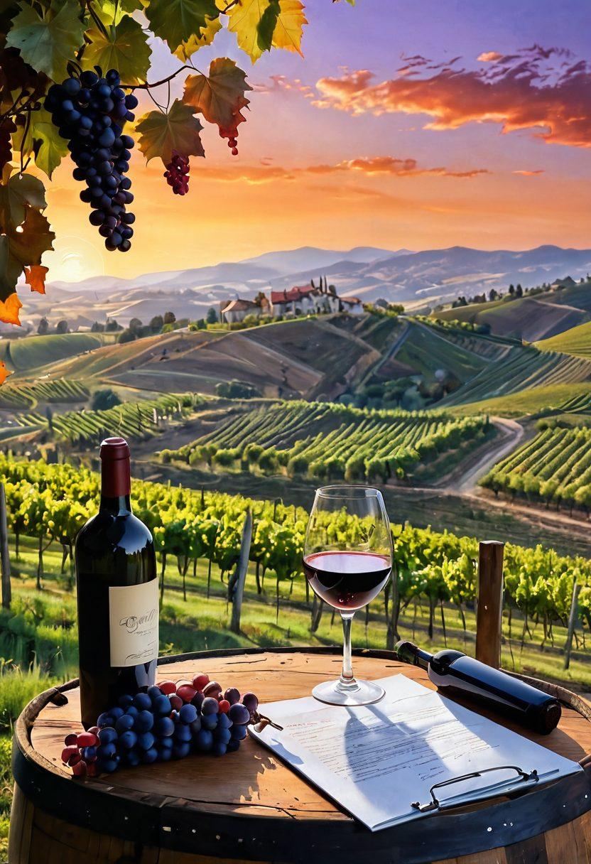 A picturesque vineyard landscape at sunset, with lush grapevines stretching across rolling hills, and a glass of deep red wine glistening in the foreground. A rustic wooden barrel and scattered grape bunches add to the scene, while a sommelier takes notes on a clipboard. The sky is painted in warm hues of orange and purple, evoking a sense of tranquility and exploration. painting. vibrant colors. 3D.
