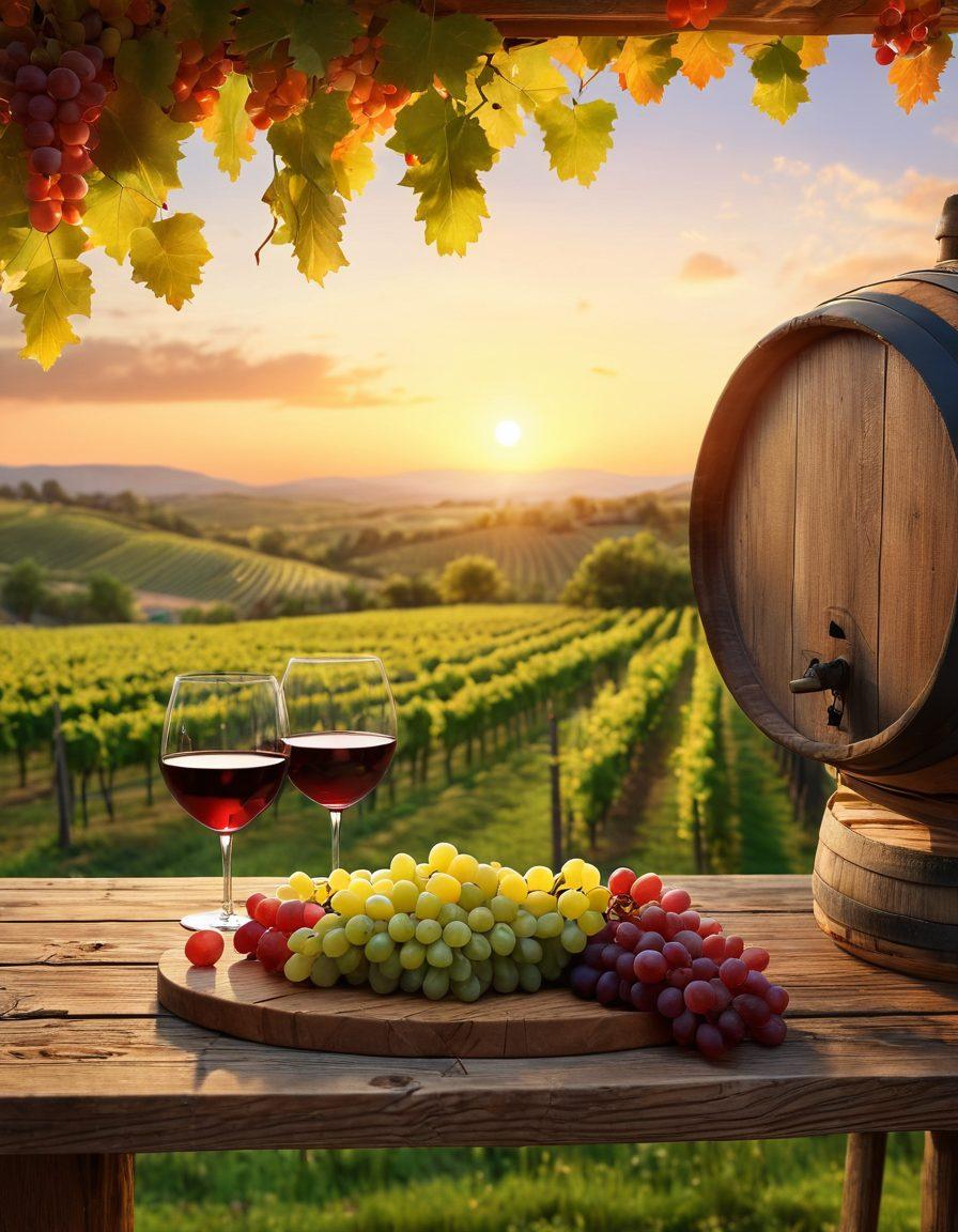 A picturesque vineyard during sunset with ripe grapes hanging from vines, accompanied by a glass of red wine elegantly placed on a rustic wooden table. In the background, a hint of fermentation barrels and cheese platters hint at pairings. Soft, warm lighting enhances the cozy atmosphere, bringing the scene to life. super-realistic. vibrant colors. 3D.