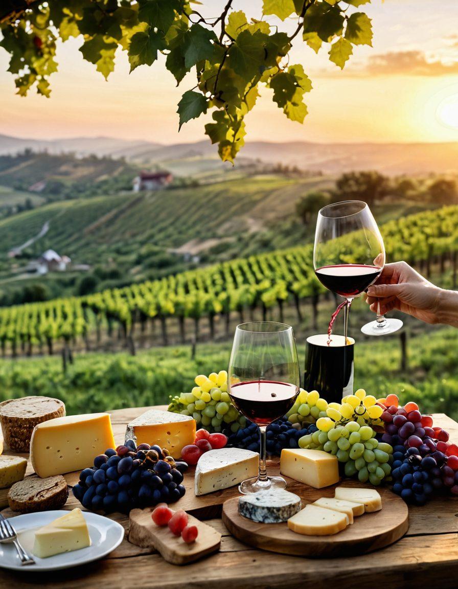 A picturesque vineyard at sunset, with lush grapevines stretching across rolling hills. In the foreground, a stylish wine glass filled with a deep red wine sits on a rustic wooden table alongside a variety of gourmet cheese and fruit. A sommelier in an elegant outfit is pouring wine, surrounded by happy guests enjoying a tasting event. The scene is warm and inviting, with soft golden light illuminating the landscape. vibrant colors. super-realistic.